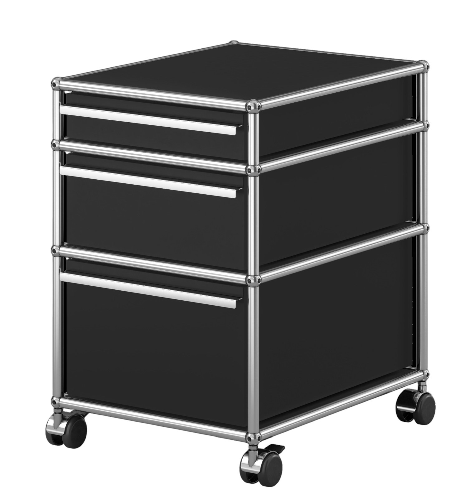 Schwarzer USM Haller Rollcontainer mit drei Schubladen und verchromtem Gestell auf Rollen, modernes Büromöbel.