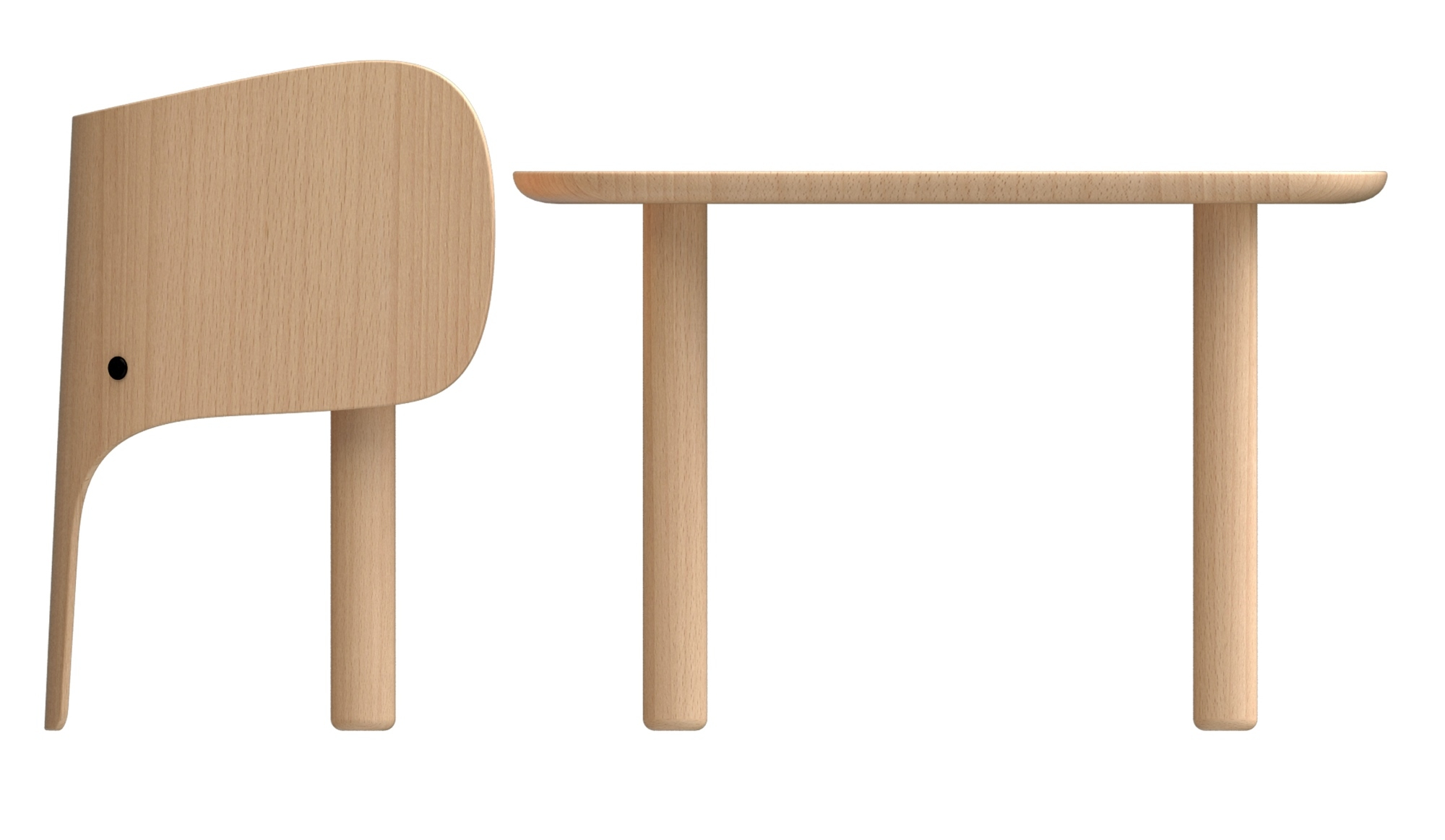 Elephant Table Kindertisch EO aus hellem Holz, mit Elefanten-Stuhl, modernes Design für Kinderzimmer.