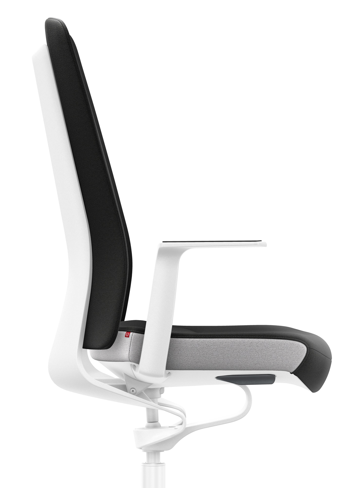 Seitenansicht: Schwarzer Interstuhl Bürodrehstuhl Pure Edition mit weißem Rahmen, ergonomisch und modern.