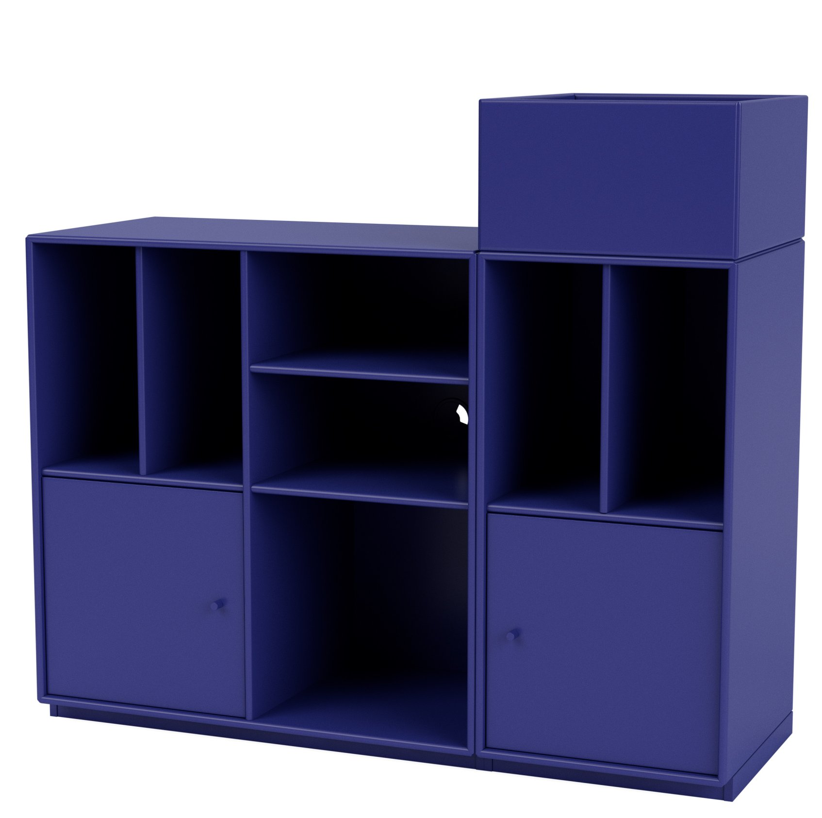 Blaues Montana Spin III Schallplattenregal mit Fächern, Türen und Ablageflächen für Vinyl.