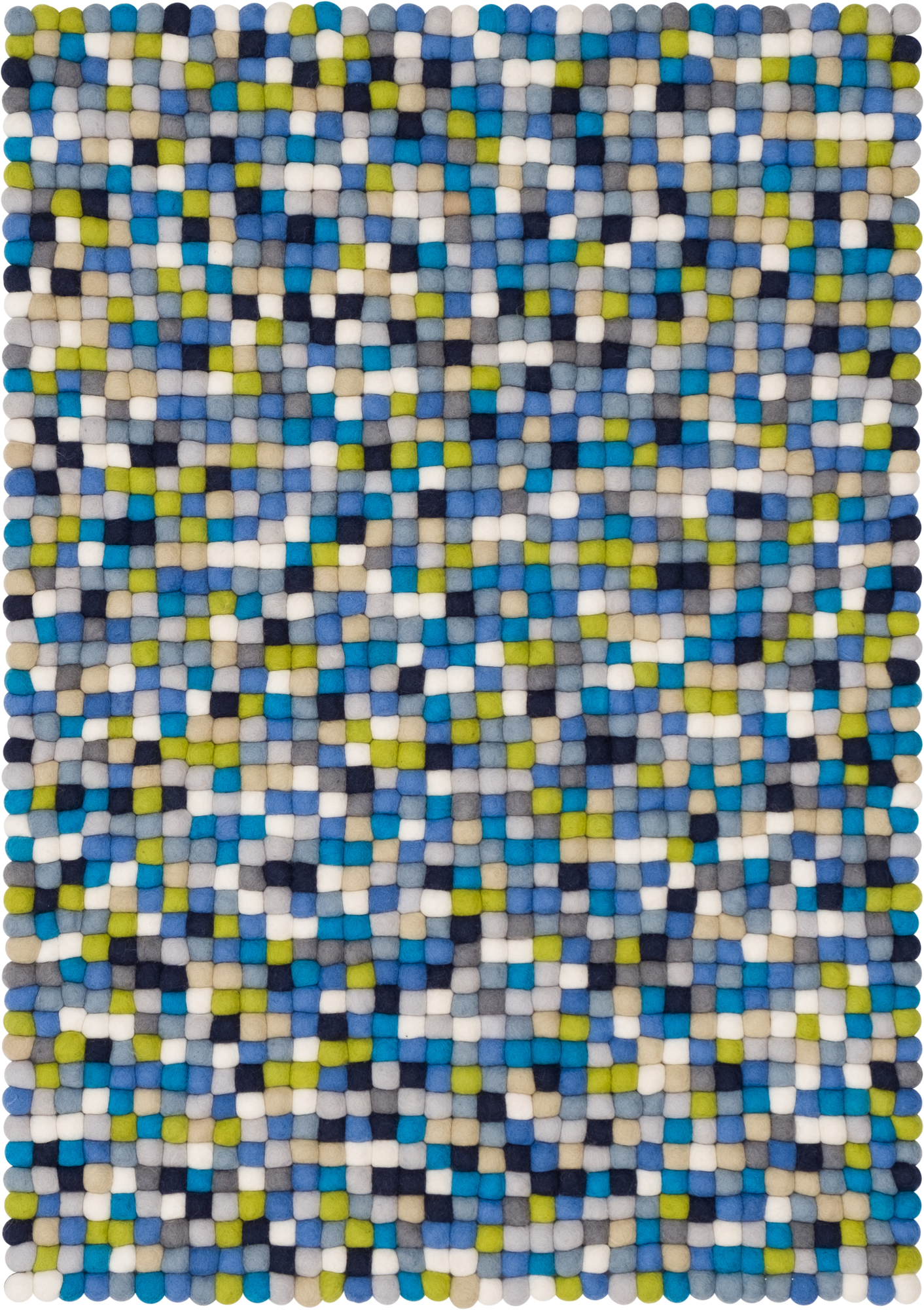 Myfelt Filzkugel Teppich 140x200 cm mit blau, grün und grauen Filzkugeln.