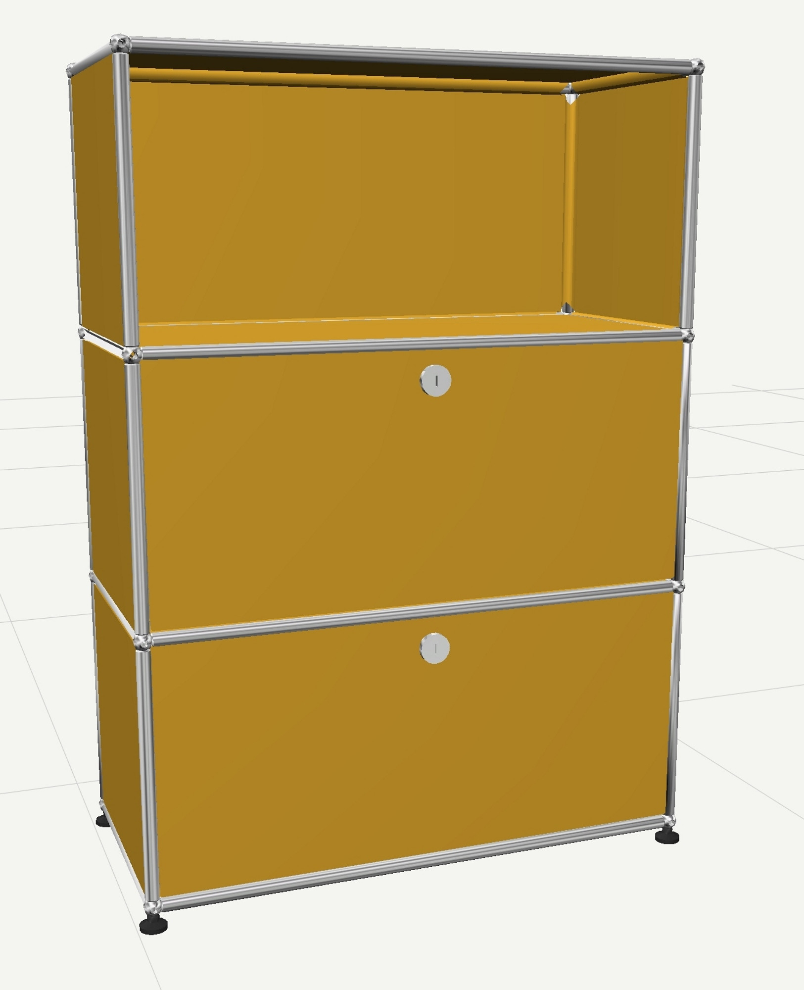 USM Haller Highboard in Goldgelb mit zwei Klappen und einem offenen Fach.