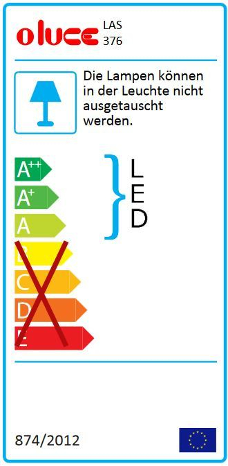 Energielabel der Oluce Las Mist-o LED Stehleuchte 376, mattschwarz, mit Energieeffizienzklasse A++ bis E.