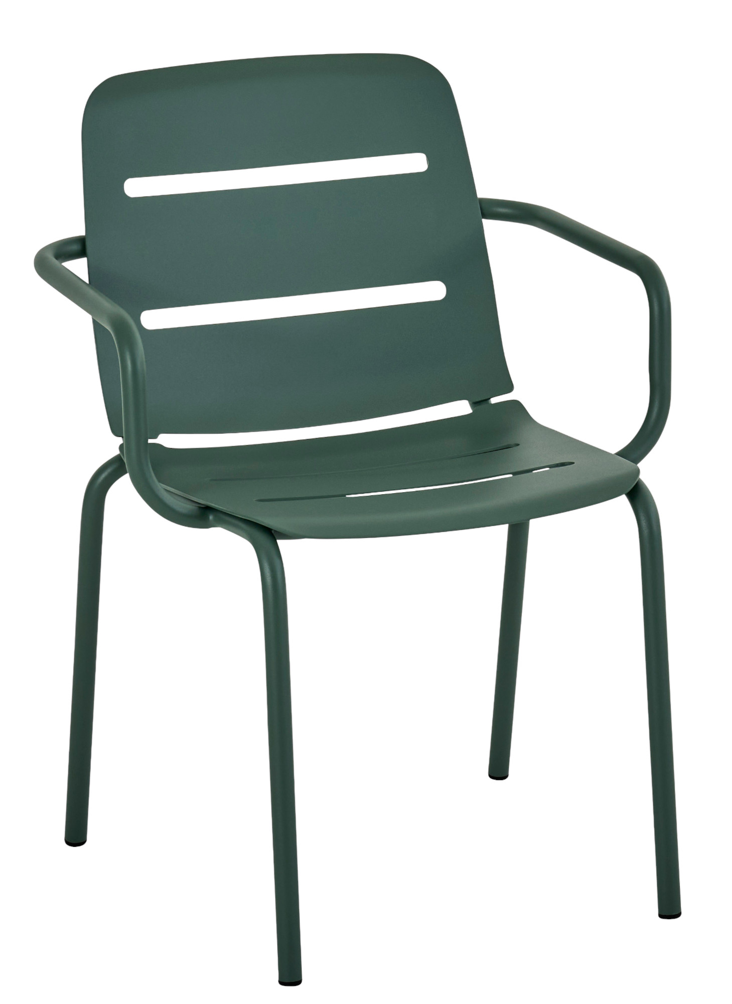 Vapio Sessel Outdoor von Weishäupl, grüner Gartenstuhl mit Armlehne und Lattenmuster, freigestellt auf weißem Hintergrund.