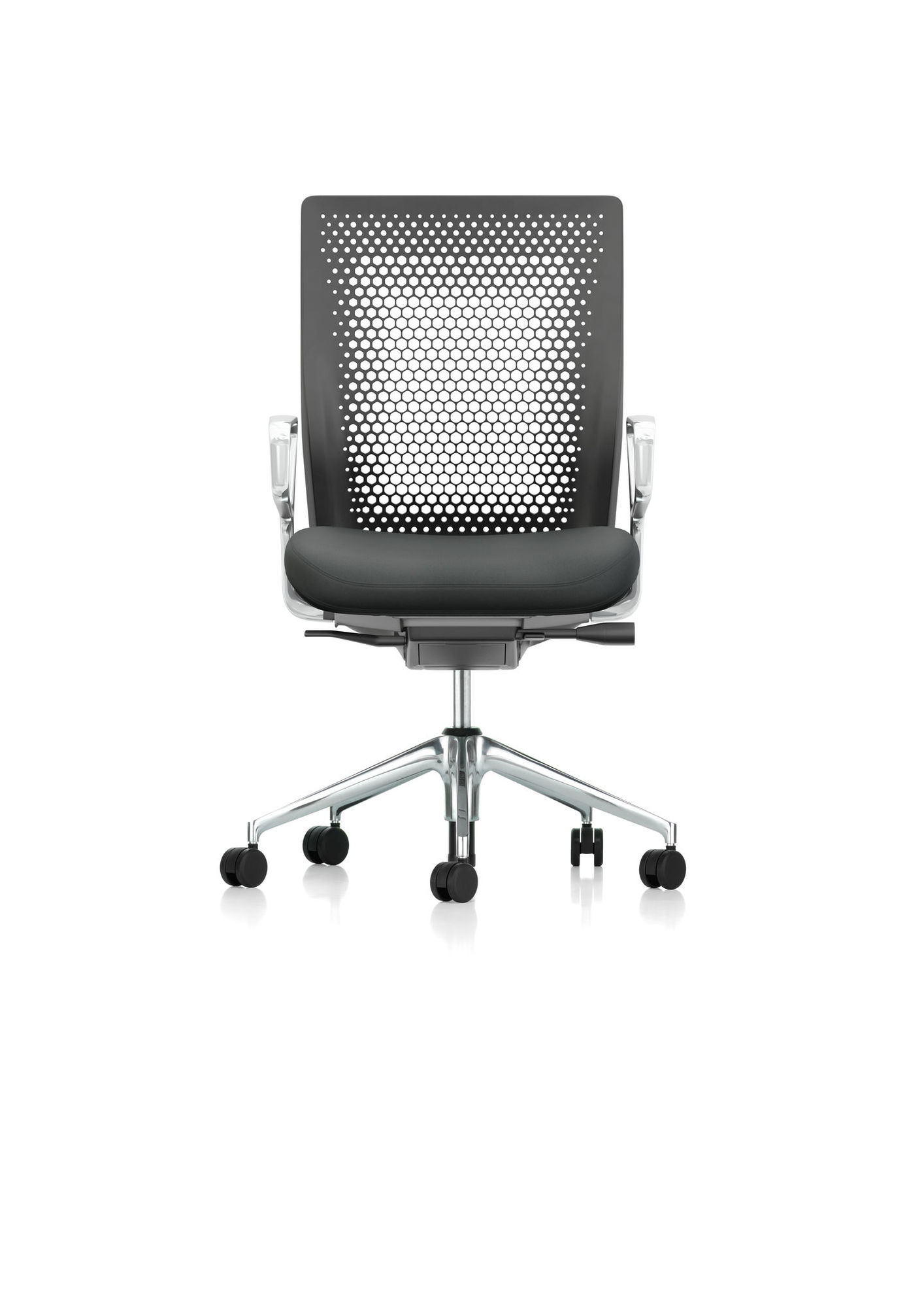 Vitra ID Air Bürostuhl mit grauem Sitzpolster und perforierter Rückenlehne auf Rollen.