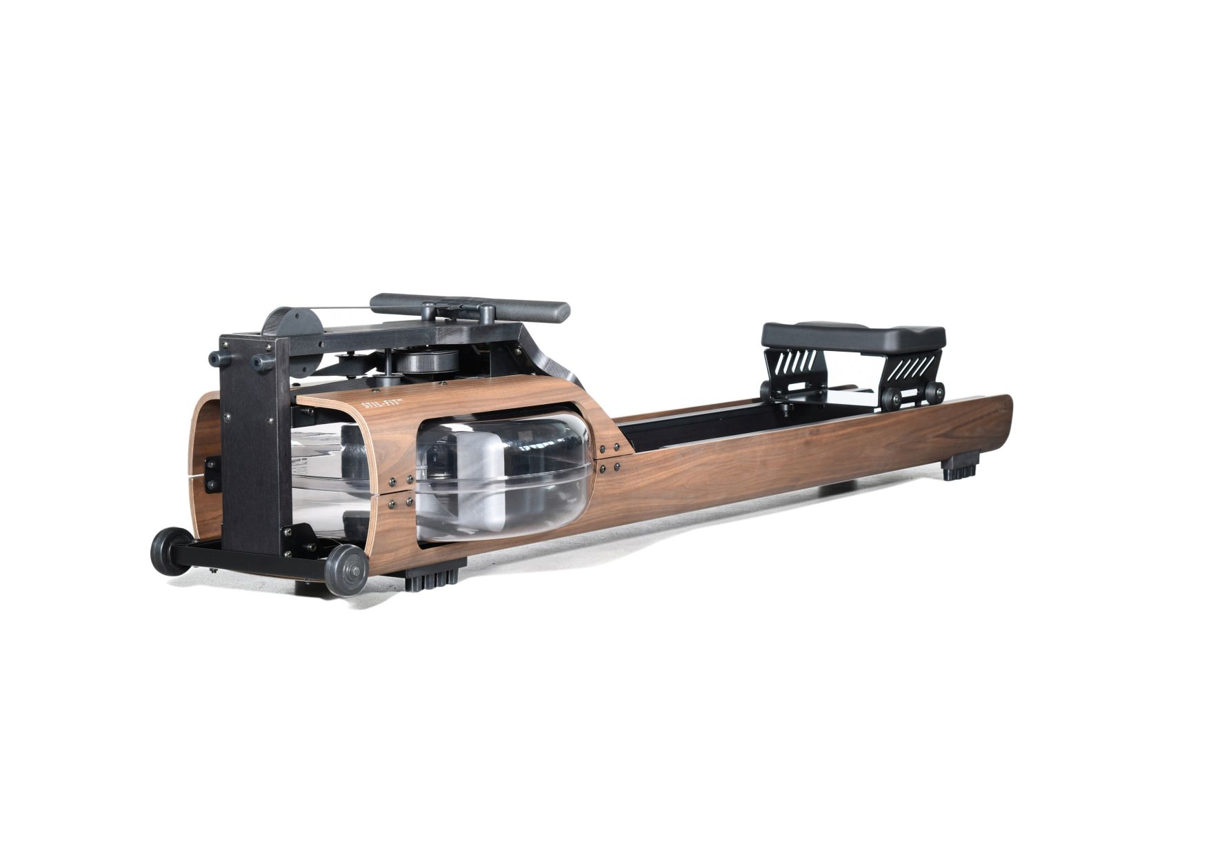 FLOW ONE Rudergerät von Stil-Fit in Schwarz, mit Wassertank und Holzrahmen für effektives Rudertraining.