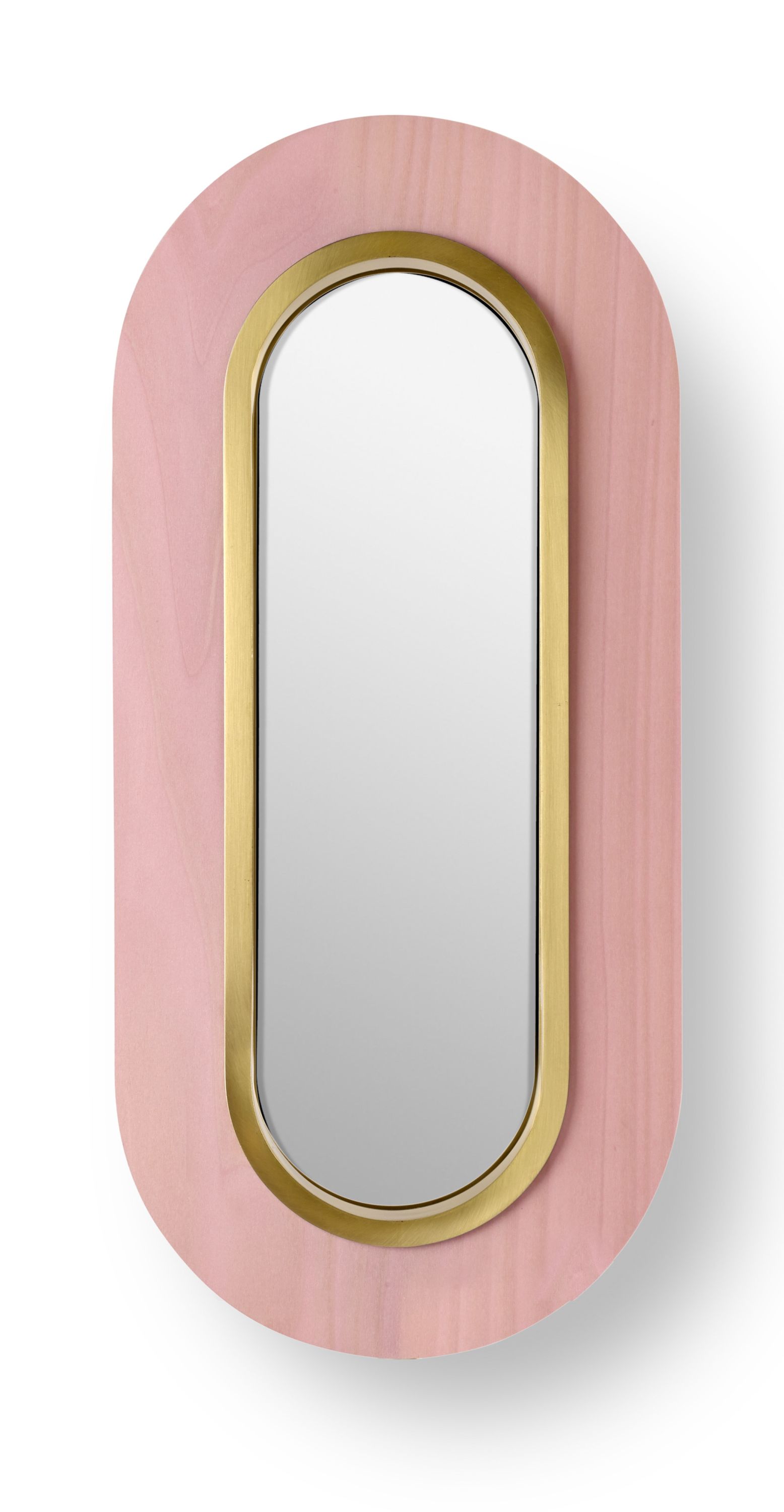 Lens LED Wandleuchte von LZF Lamps: Ovaler Spiegel mit goldenem Ring und hellrosa Rahmen.