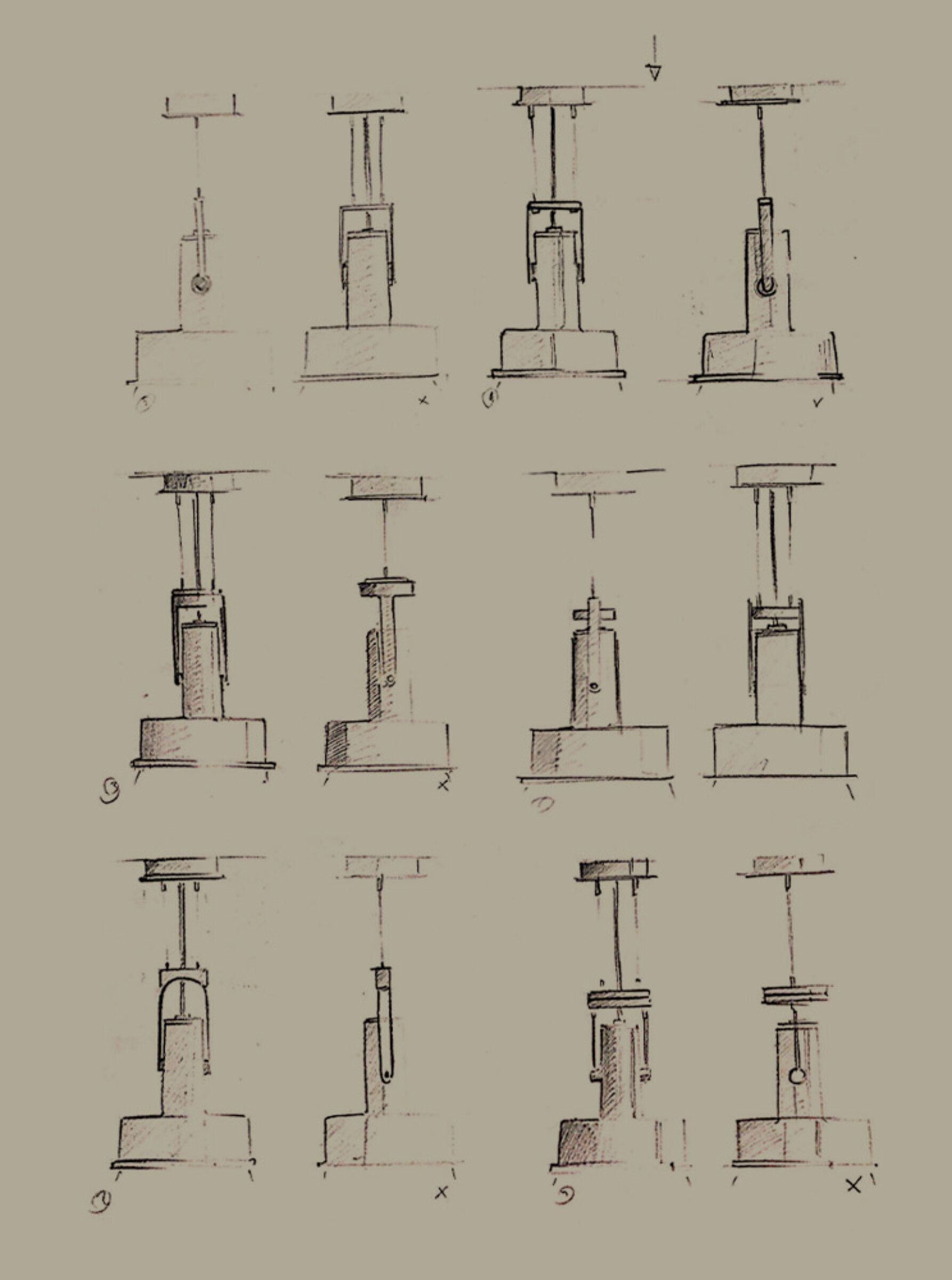 Skizze verschiedener Designs für eine Arne Domus Hängeleuchte von Santa & Cole.