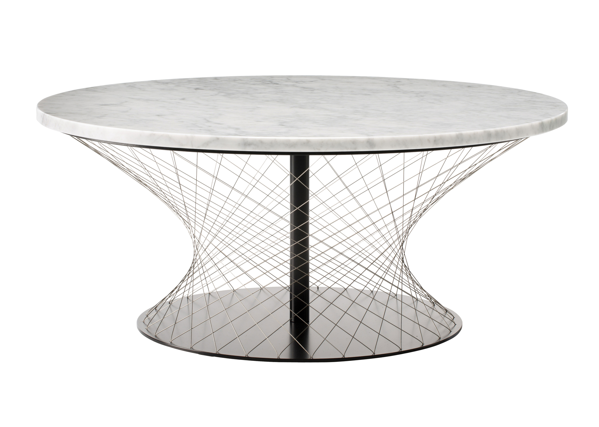Weißer Couchtisch Favius mit runder Marmorplatte und filigranem Drahtgestell für modernes Wohnzimmer.