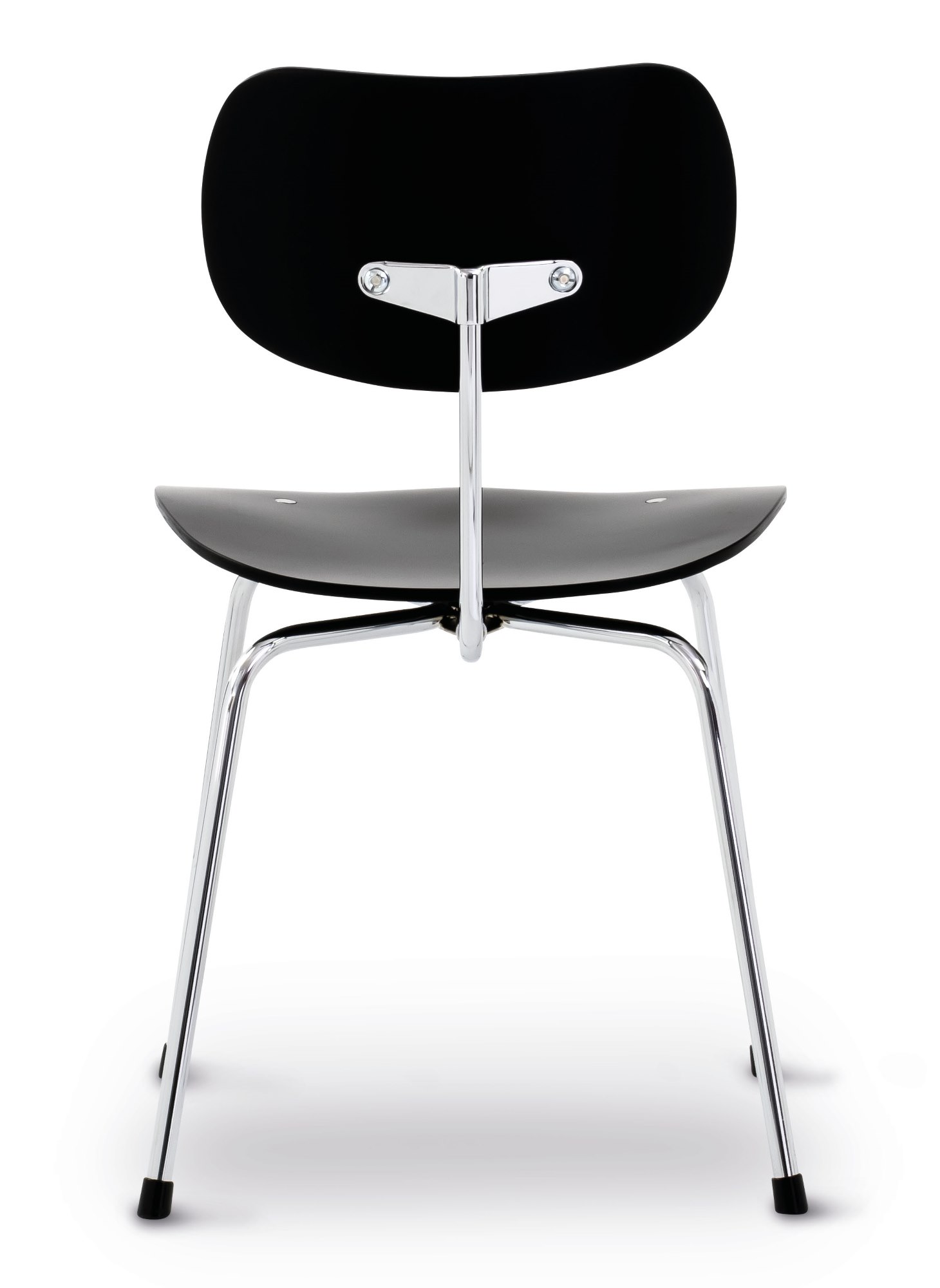 Schwarzer SE 68 Stuhl von Wilde+Spieth mit verchromtem Gestell, Ansicht von hinten. Designklassiker.