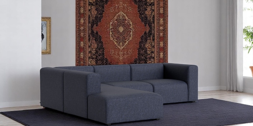 Mags Sofa Eckkombination mit Armlehne links in Sandfarbenem Stoff, modernes Wohnzimmer Sofa.