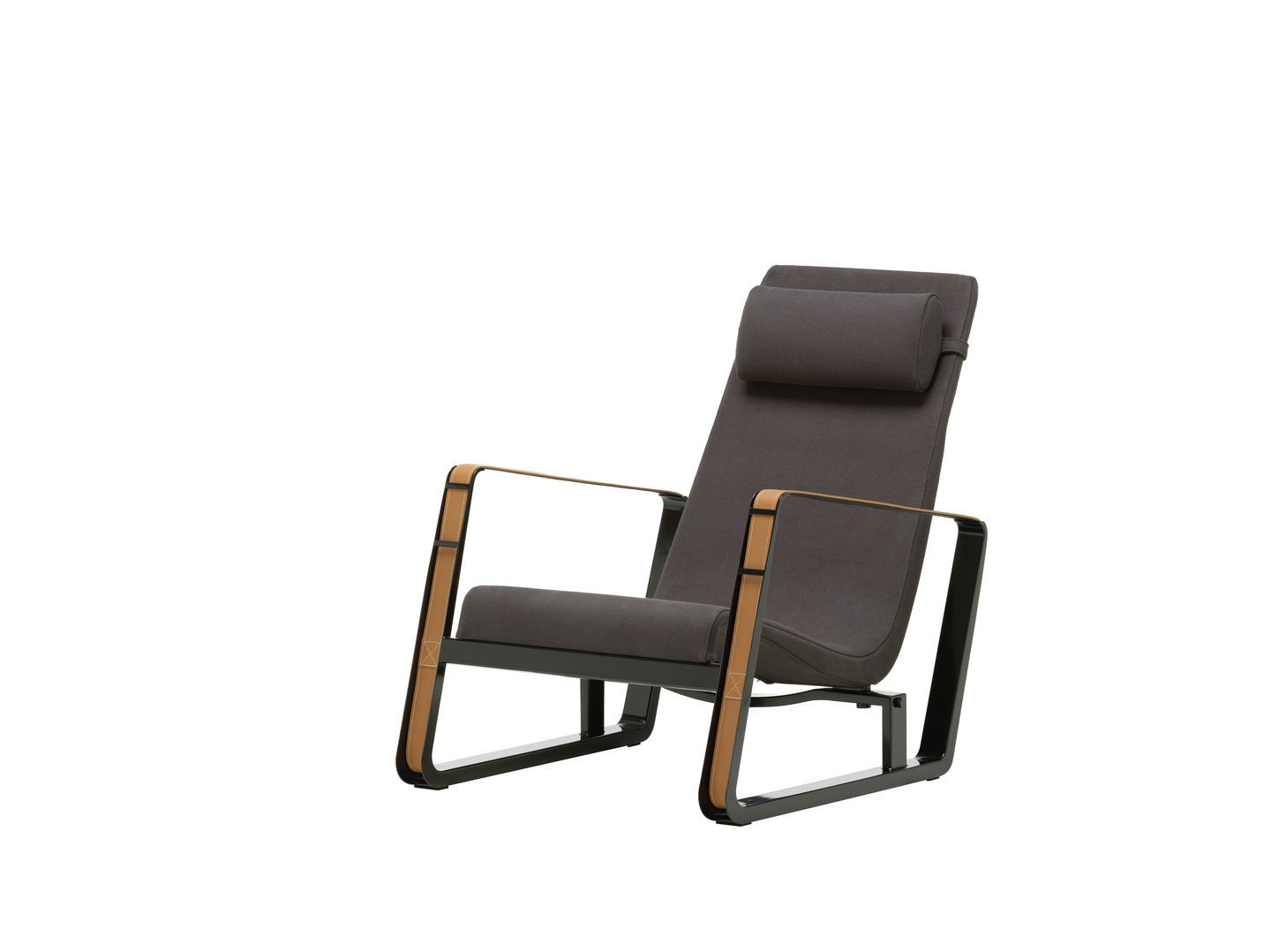 Grauer Cité Sessel von Vitra mit Kopfstütze und schwarzem Metallgestell. Design Sessel für Wohnzimmer.