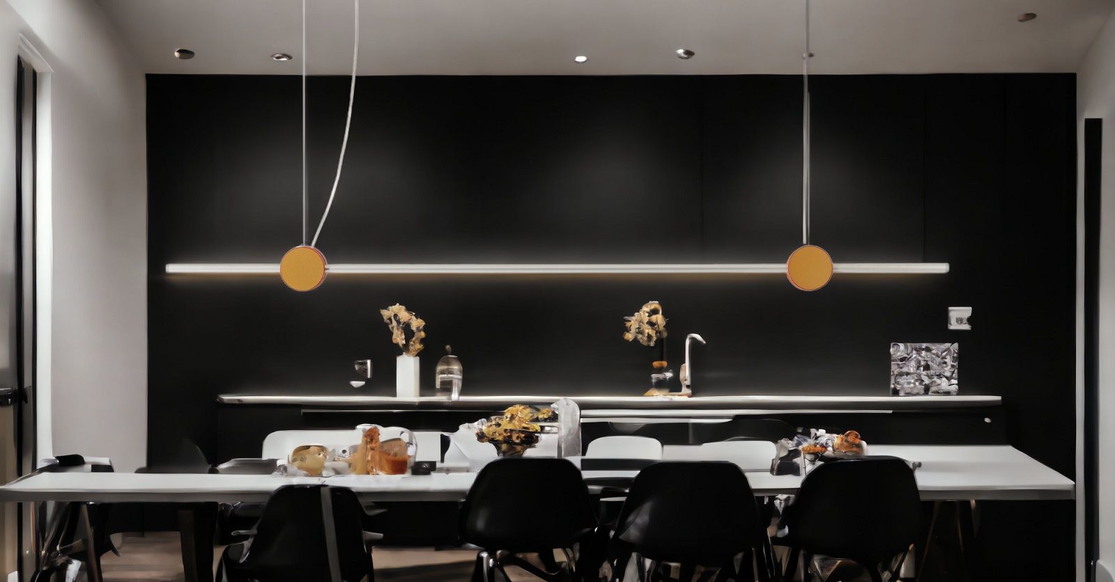 Eitie Line Hängeleuchte von Cassina über Esstisch, moderne Pendelleuchte mit rundem Schirm.