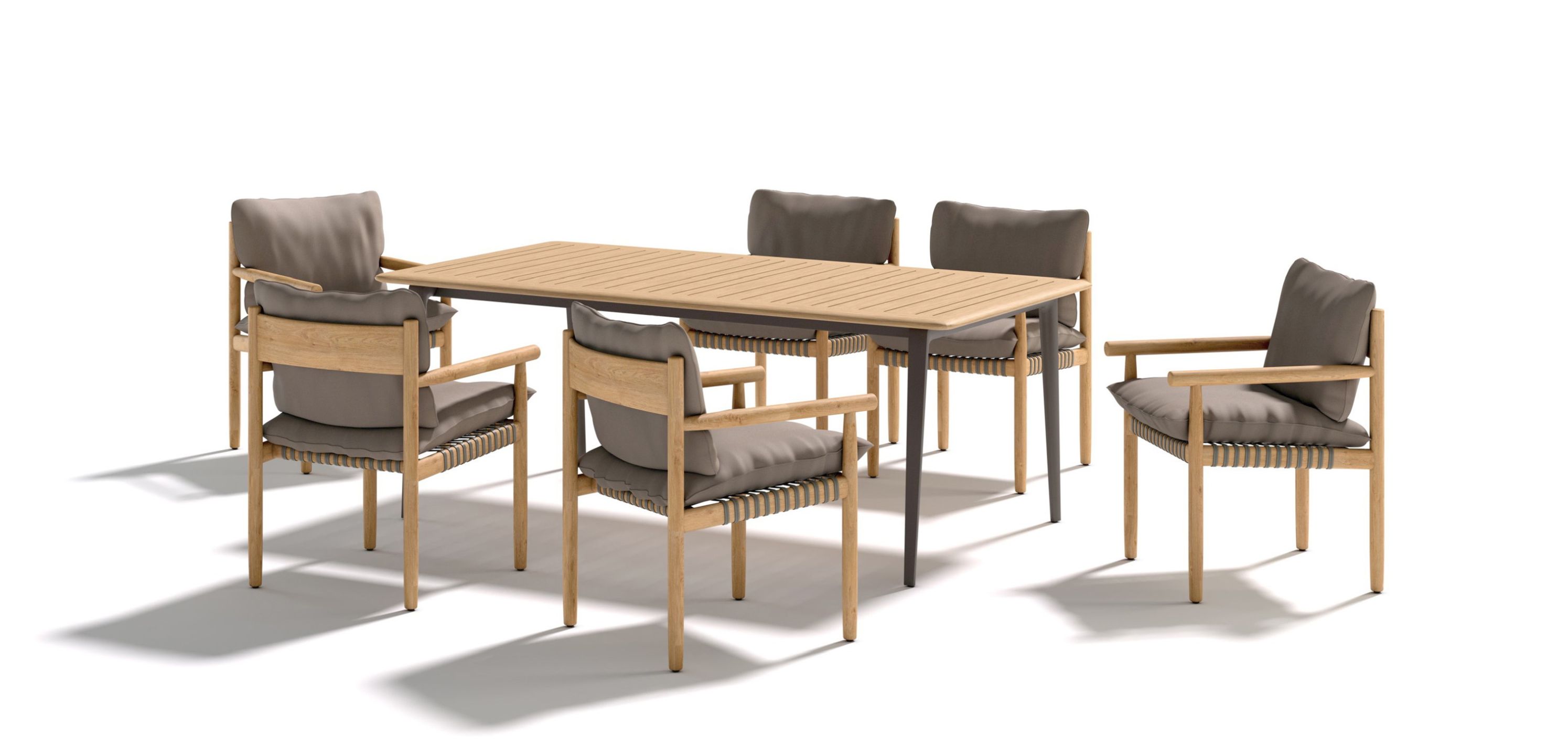 Tibbo Dining Set von Dedon mit Esstisch und vier Stühlen aus Teakholz und grauen Kissen.