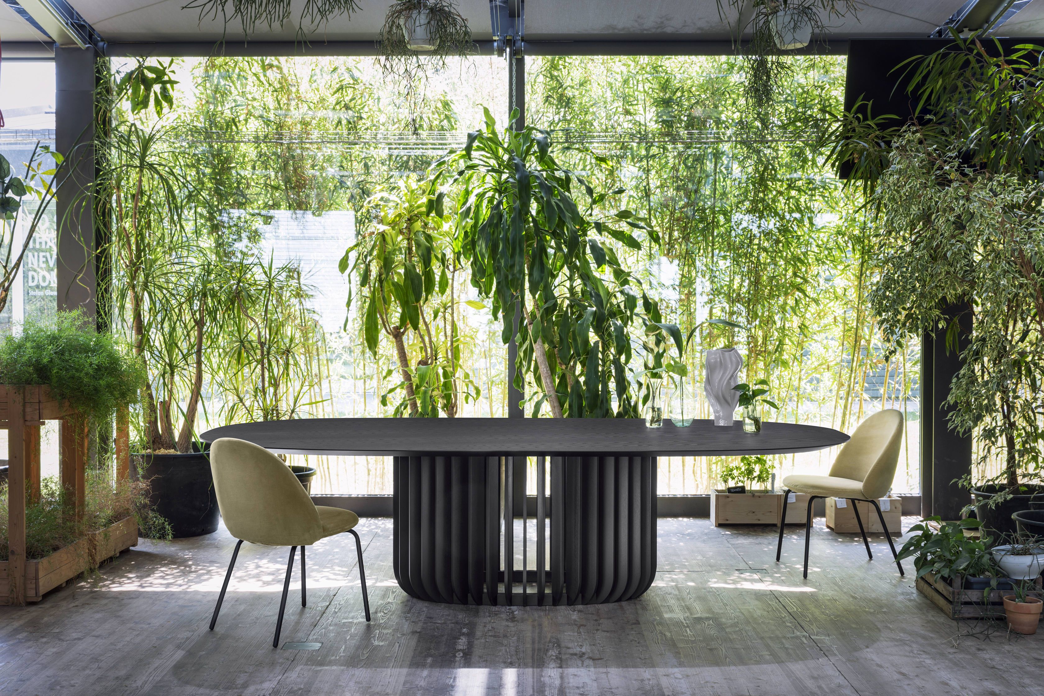 Juice Tisch von Miniforms, oval, schwarz, mit Holzfuß und zwei Stühlen in hellem Grün.