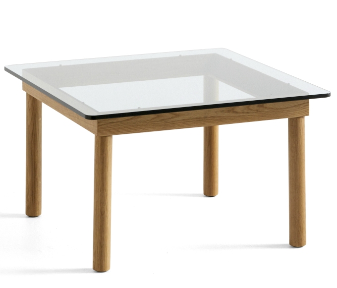 Kofi Couchtisch von Hay, 60x60 cm, mit Glasplatte und hellem Holzgestell. Moderner Wohnzimmertisch.