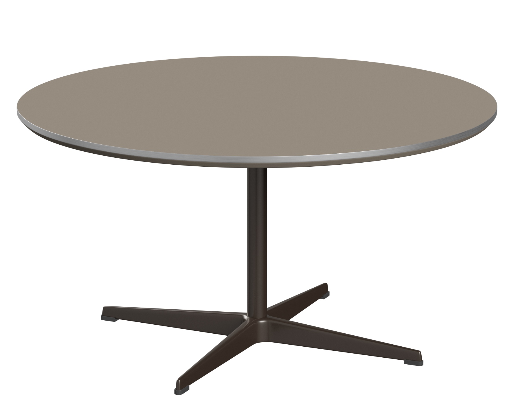 Runder Fritz Hansen Couchtisch in Taupe mit zentralem Fußkreuz für Wohnzimmer und Lounge.