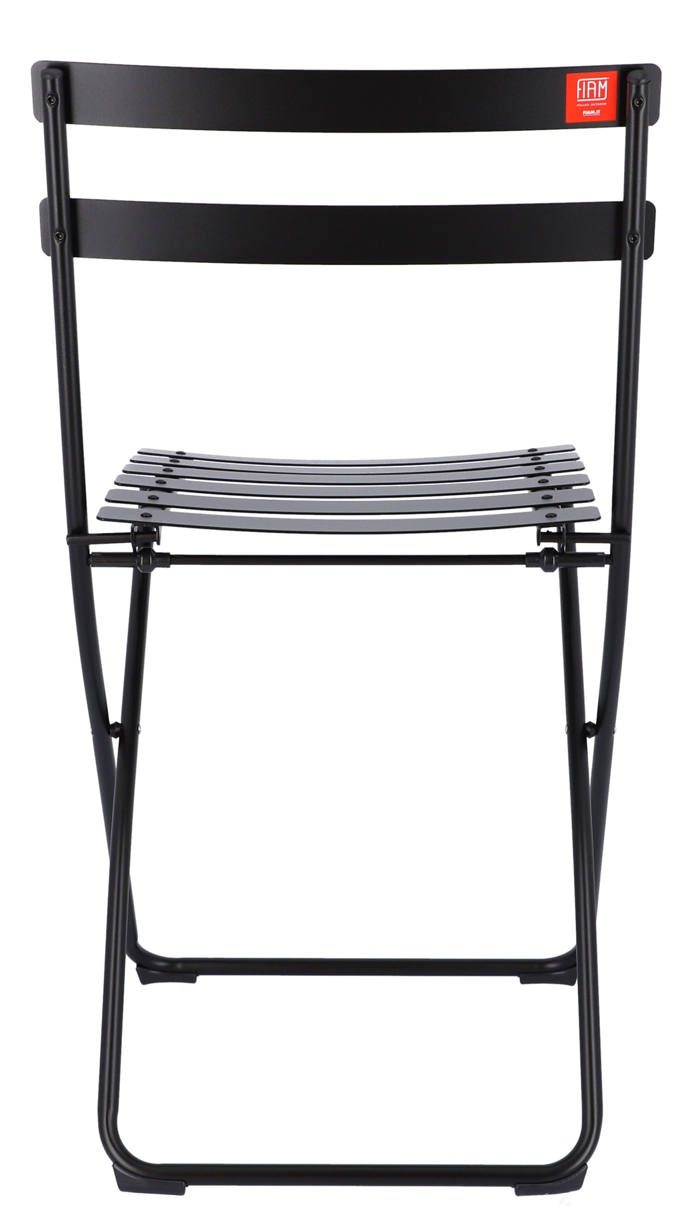 Schwarzer Fiam Klappstuhl für den Outdoor-Bereich von Jan Kurtz, Ansicht von vorne. Gartenstuhl aus Metall.