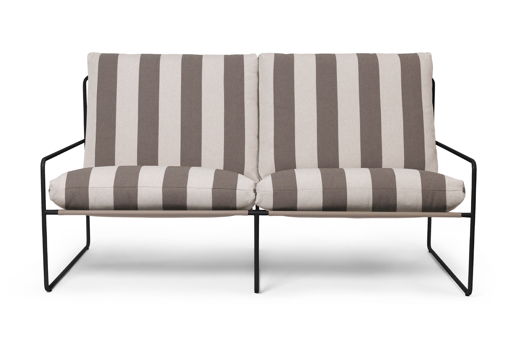 Desert 2-Sitzer Sofa von Ferm Living mit schwarzem Gestell und gestreifter Polsterung für den Außenbereich.