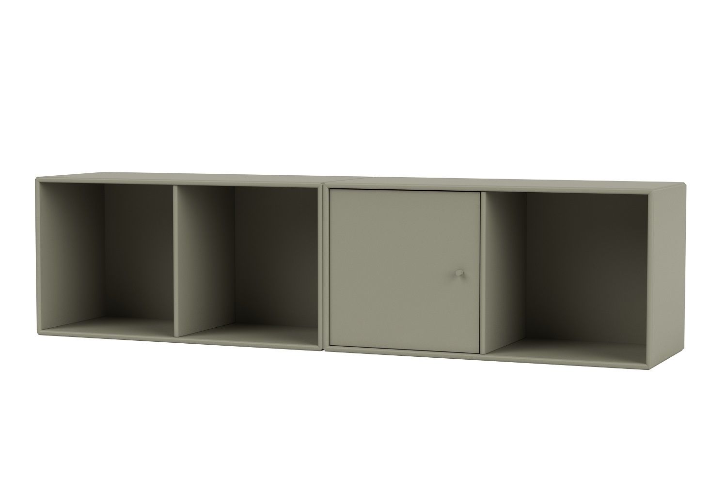 LINE Wandregal von Montana, graues Hängeregal mit zwei offenen Fächern und einer Tür.