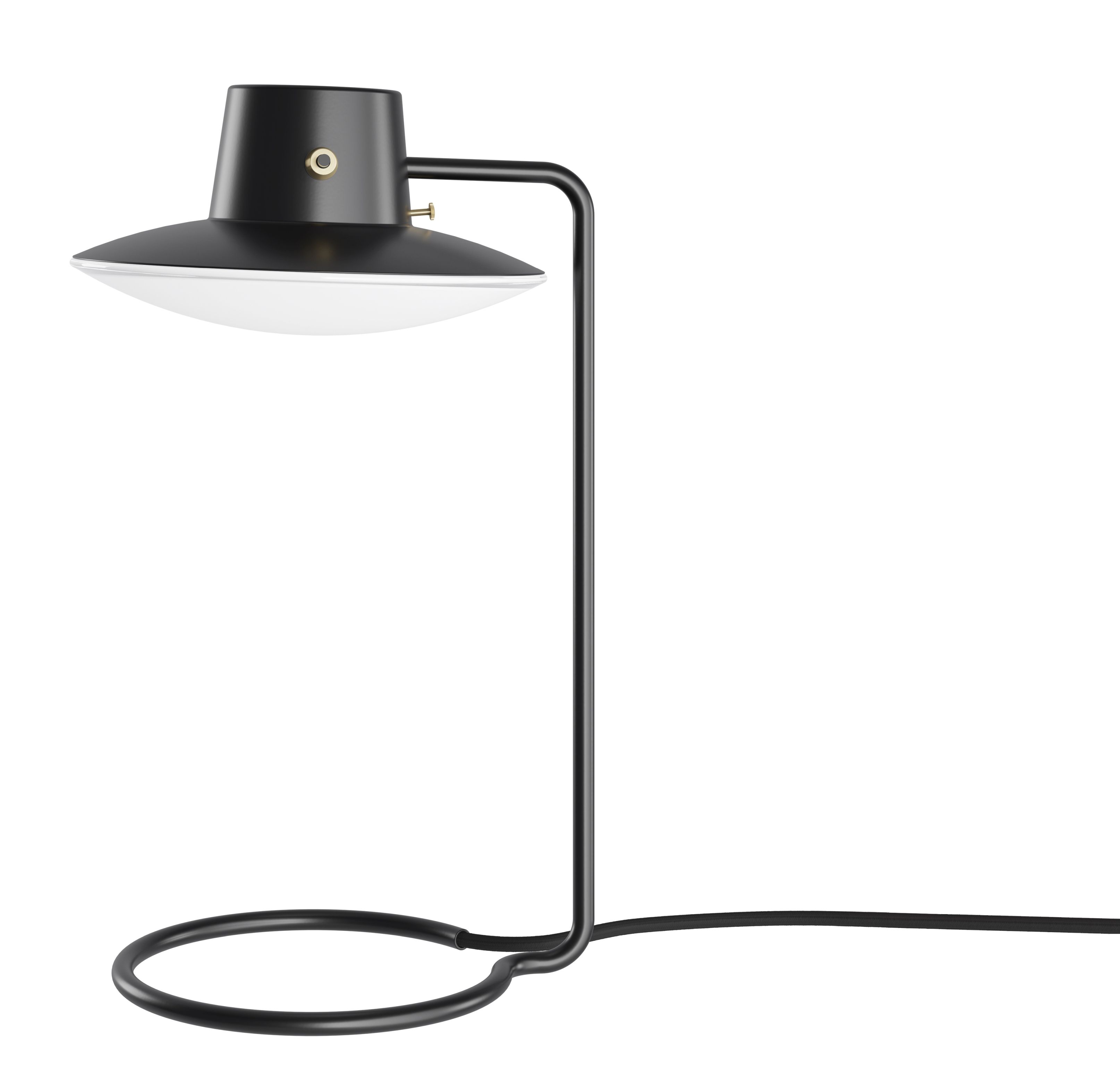 AJ Oxford Tischleuchte von Louis Poulsen, schwarz, mit Opalglas Schirm für blendfreies Licht.