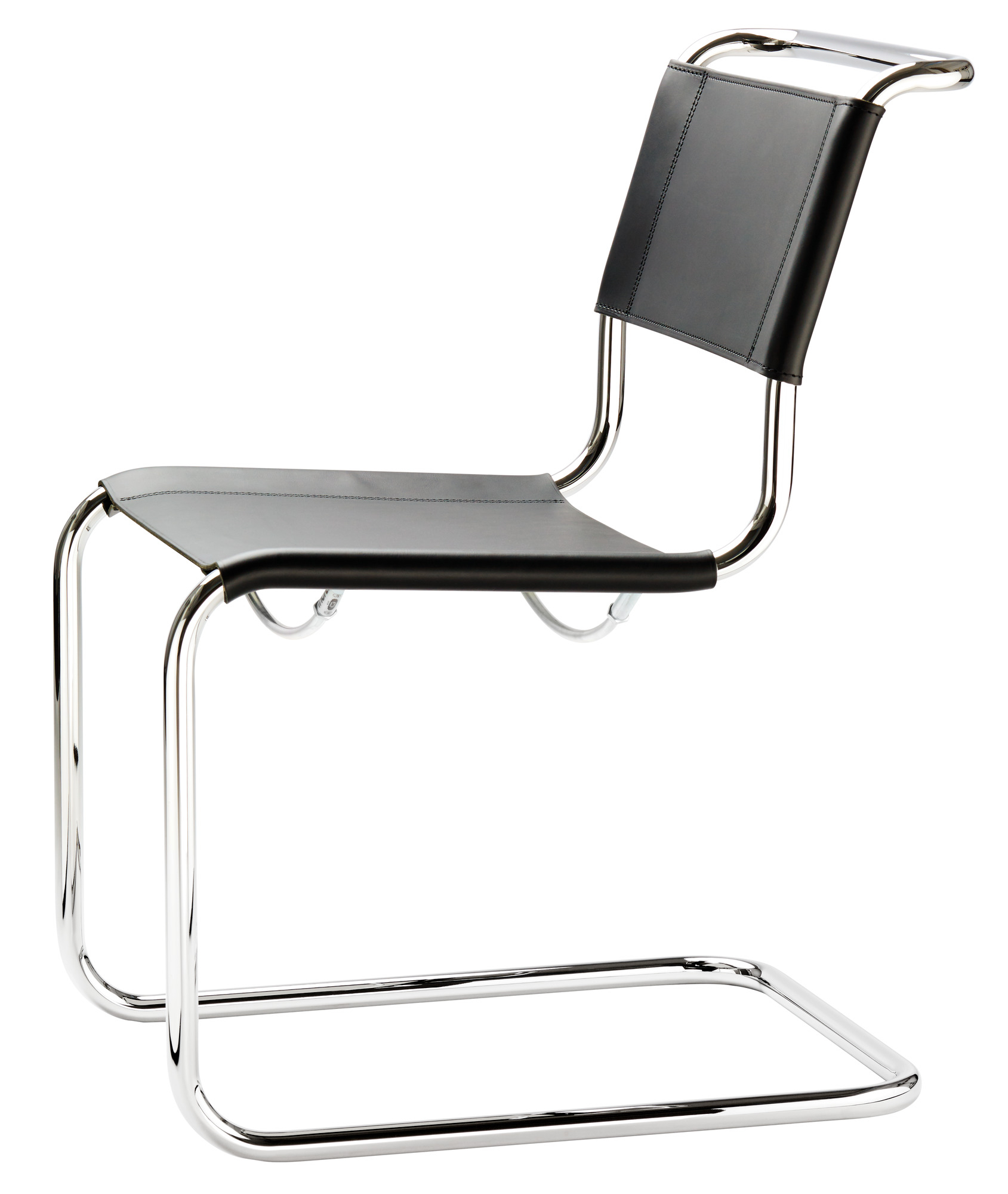 S 33 Freischwinger von Thonet mit schwarzem Leder und verchromtem Stahlrohr Gestell.