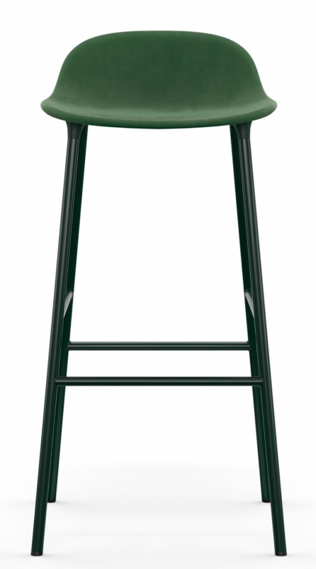 Grüner Form Barstool Barhocker von Normann Copenhagen mit Stahlgestell und gepolsterter Sitzfläche.