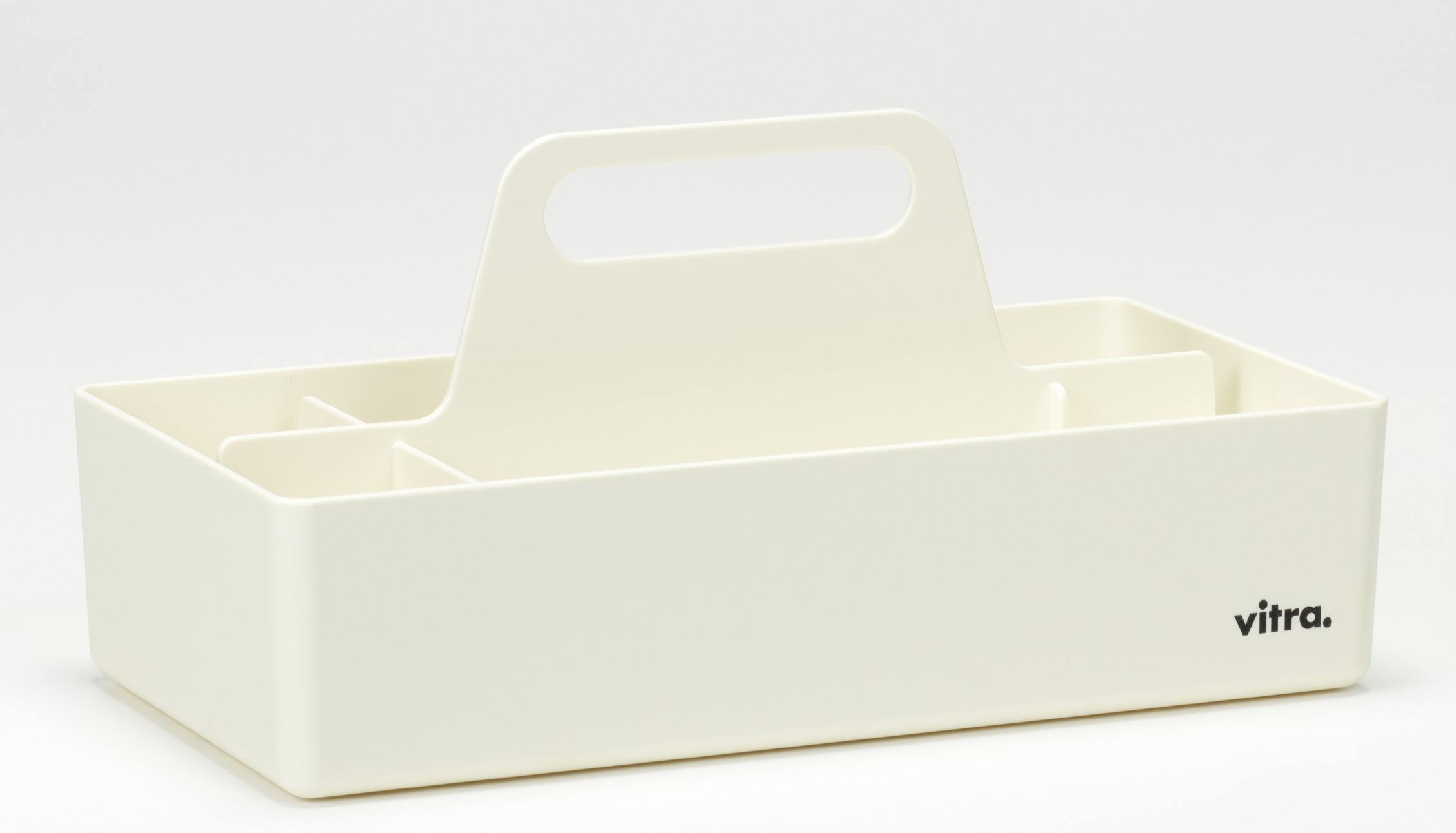 Vitra Toolbox RE, weiße Organisationsbox mit Fächern und Tragegriff für Bürobedarf und Werkzeug.