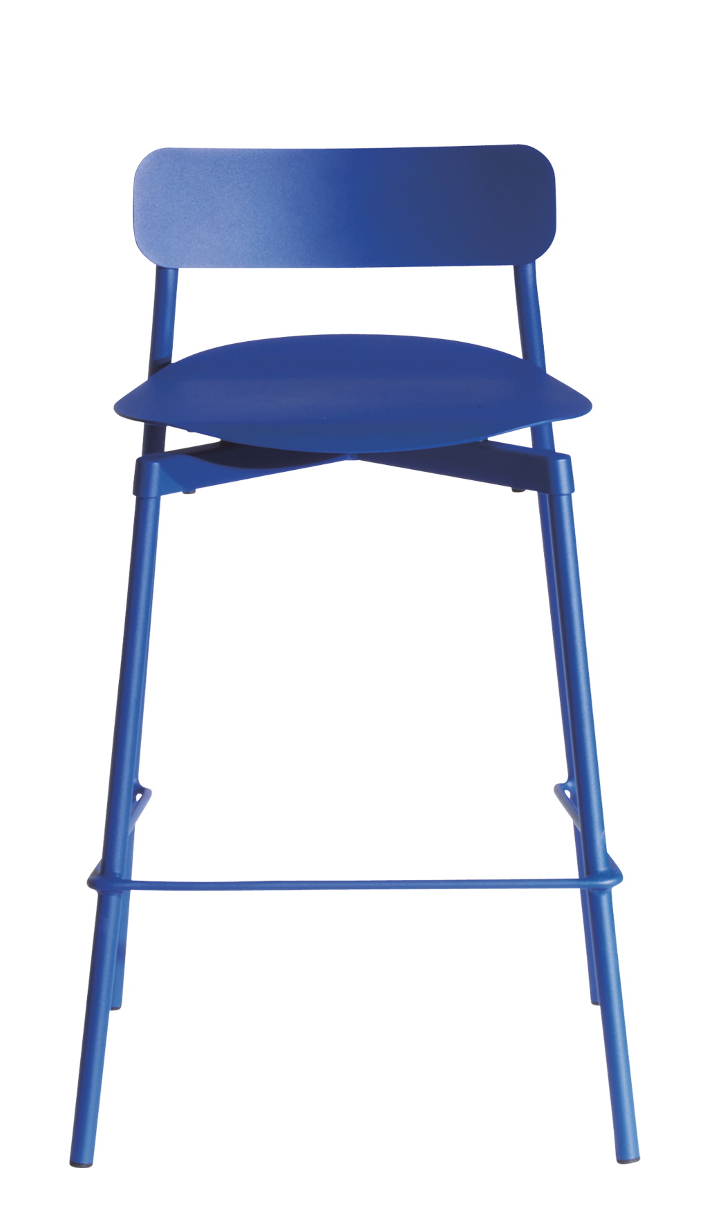 Blauer Fromme Barstuhl von Petite Friture, Hocker mit Rückenlehne und Fußstütze für Küche oder Bar.