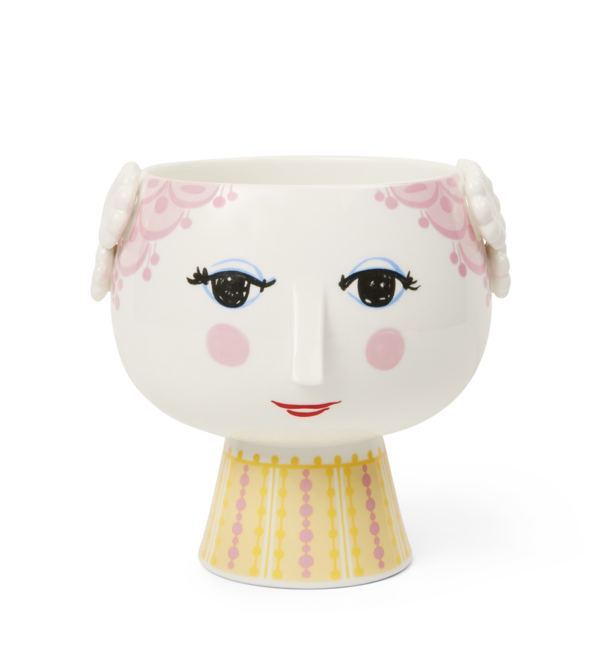 Pinker Eva Übertopf mit Fuß von Bjørn Wiinblad, Keramiktopf mit Gesicht, Ø15,5cm, für Zimmerpflanzen.