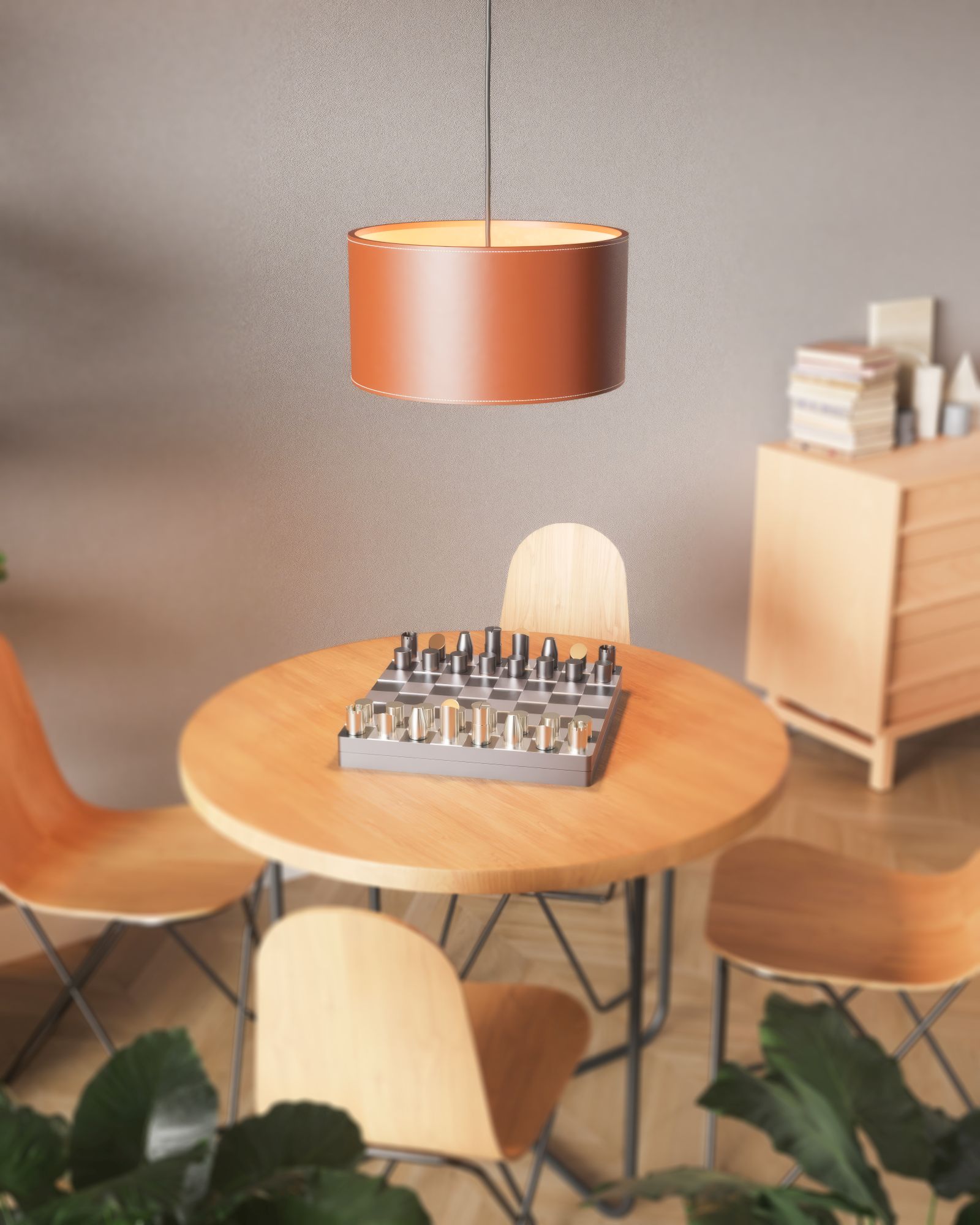 Moderne Zylinder Leder Pendelleuchte in Ozeanblau über einem Schachbrett auf einem Holztisch.