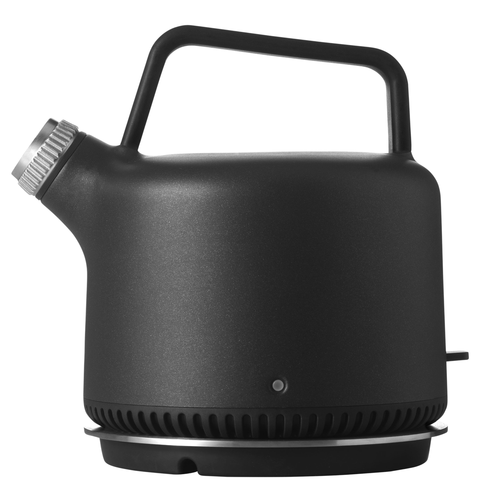 Schwarzer Vipp Wasserkocher aus Edelstahl mit geradem Griff und geriffelter Düse auf schwarzem Hintergrund.