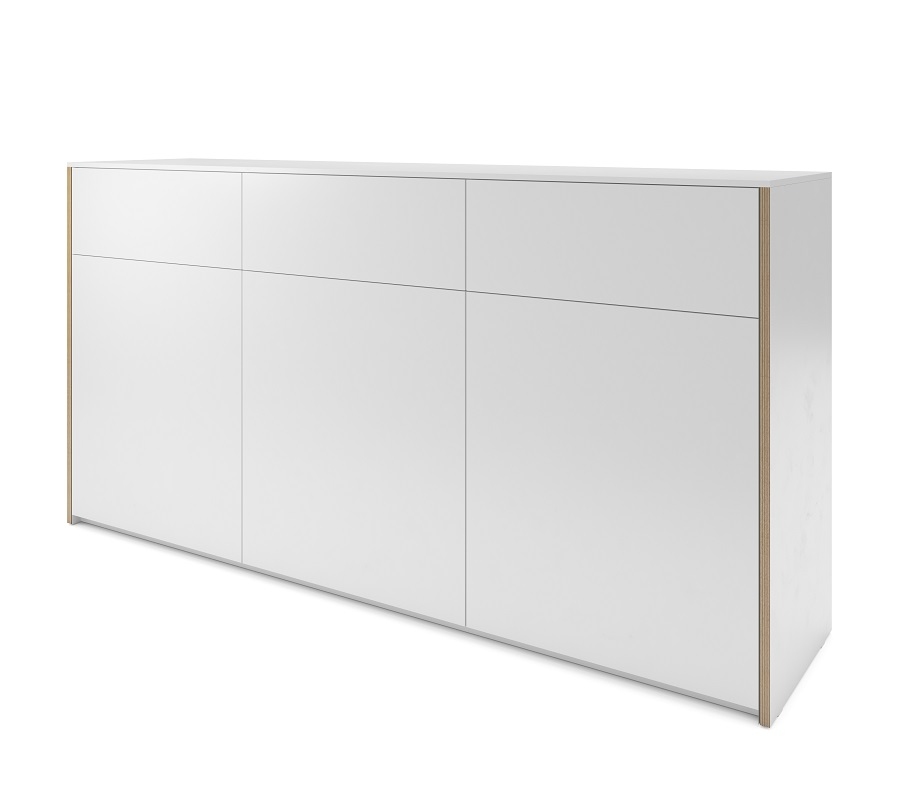 Weißes Modular Plus Sideboard von Müller Möbelwerkstätten mit drei Türen und drei Schubkästen.