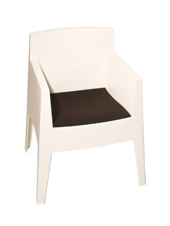 Weißer Toy Stuhl mit brauner Filz Sitzauflage für bequemes Sitzen, passend für Philippe Starck Stuhl.