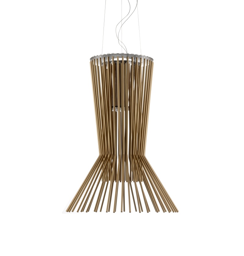 Goldene Allegretto Vivace Pendelleuchte von Foscarini, moderne Designerlampe mit filigranen Metallstäben.