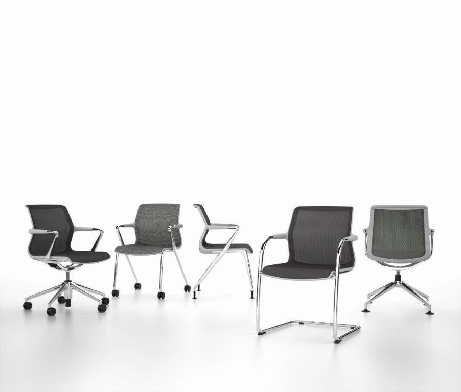 Vitra Unix Chair: Gruppe von Bürostühlen mit Rollen und verschiedenen Gestellvarianten in Grau.