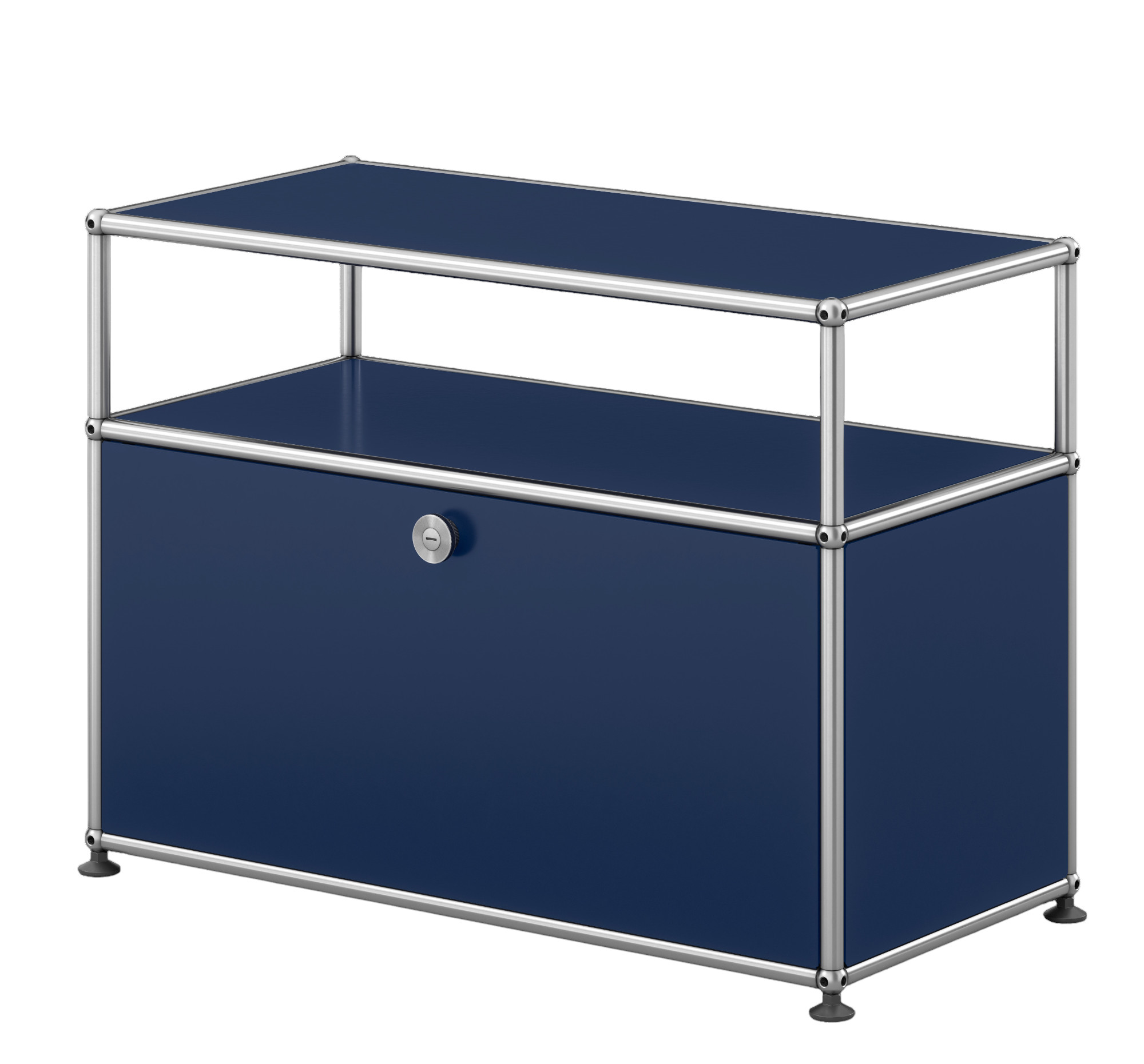USM Haller Beistelltisch in Stahlblau mit einer Klappe und verchromtem Gestell für modernes Wohnen.
