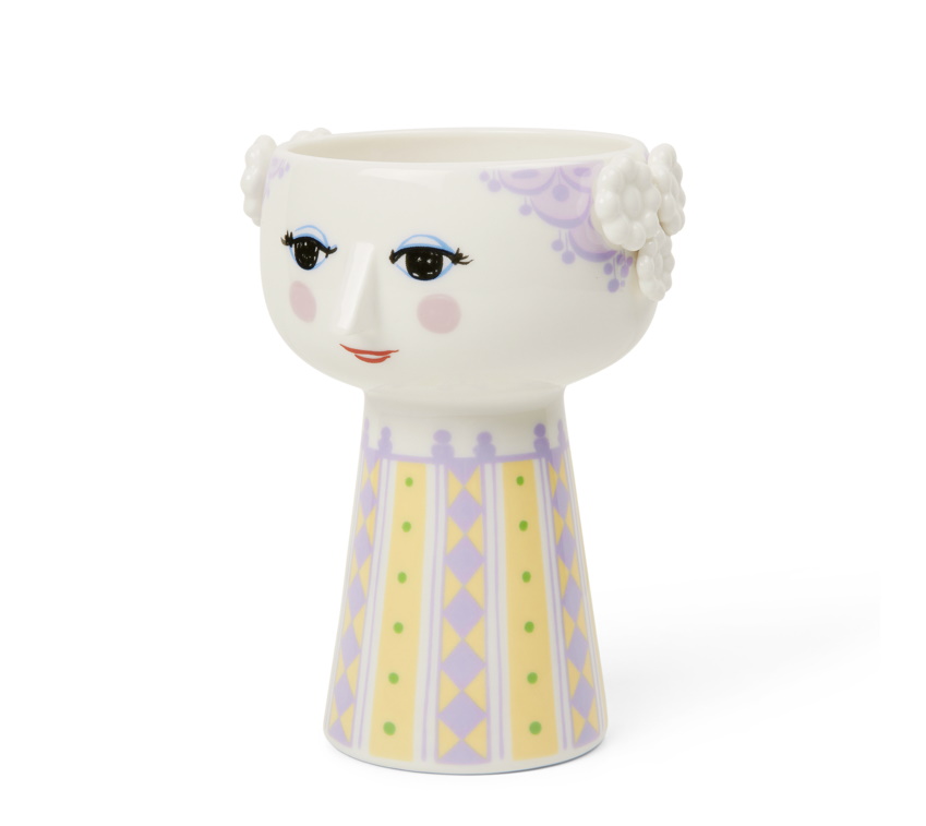 Eva Vase H15cm Lavendel: Keramikvase mit Gesicht und lavendelfarbenem Muster, dekorative Blumenvase für Wohnaccessoires.