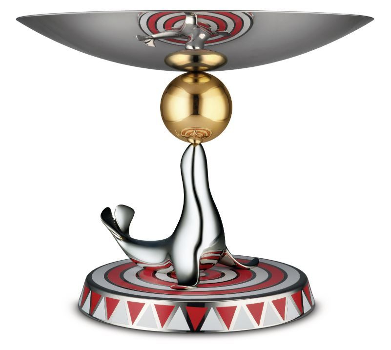 Alessi Etagere mit Seehund-Motiv, silberfarben und goldfarben, dekorative Servierplatte für Obst und Gebäck.