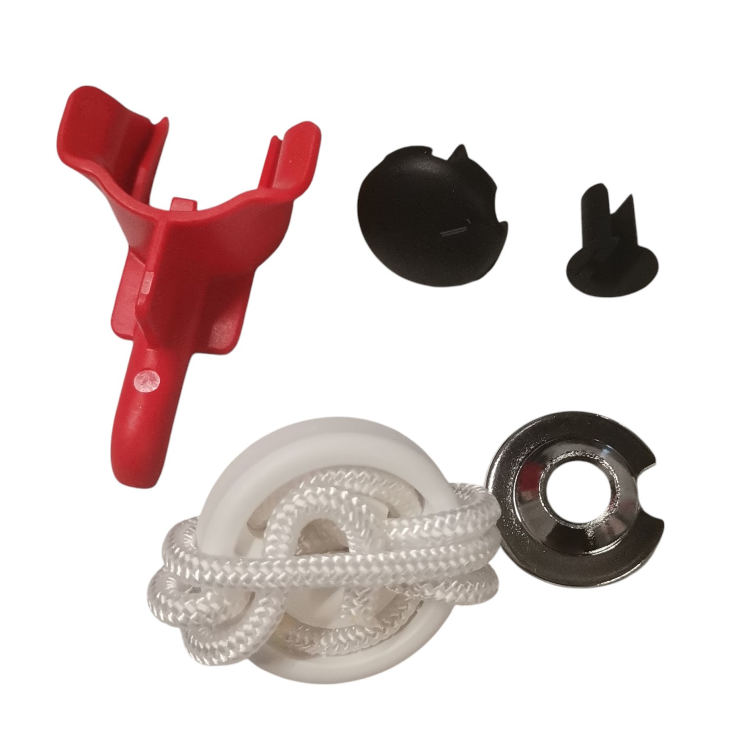 USM Haller Wandverankerungsset: Rote Halterung, schwarze und silberne Befestigungselemente mit weißer Kordel für Möbelmontage.