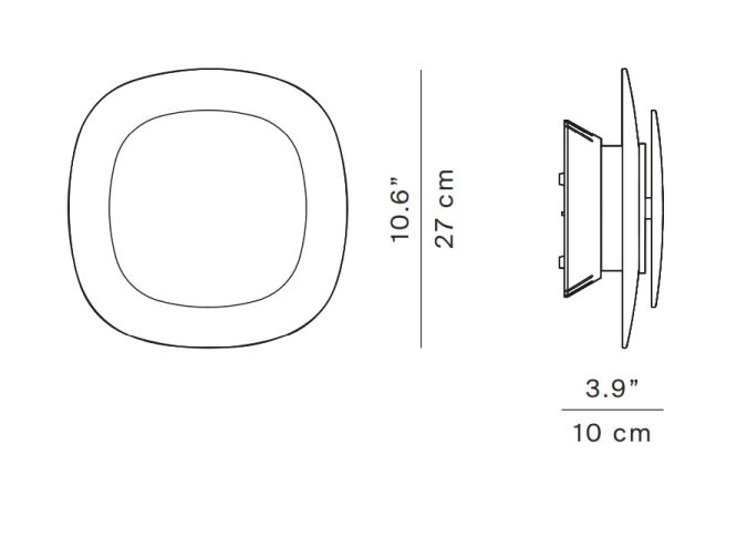 Skizze der Luceplan Luthien Wandleuchte mit Maßangaben in cm und Zoll.