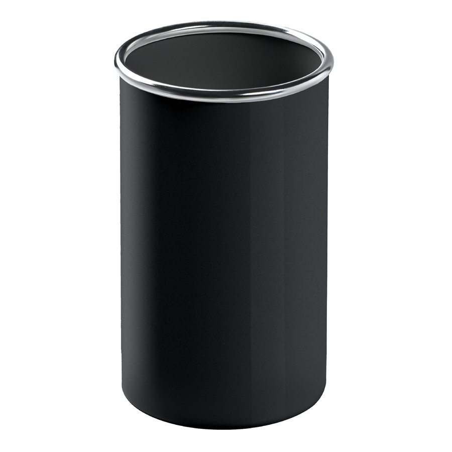 Schwarzer Colmo Schirmständer/Papierkorb von Rexite mit silbernem Rand, ideal für Büro und Zuhause.