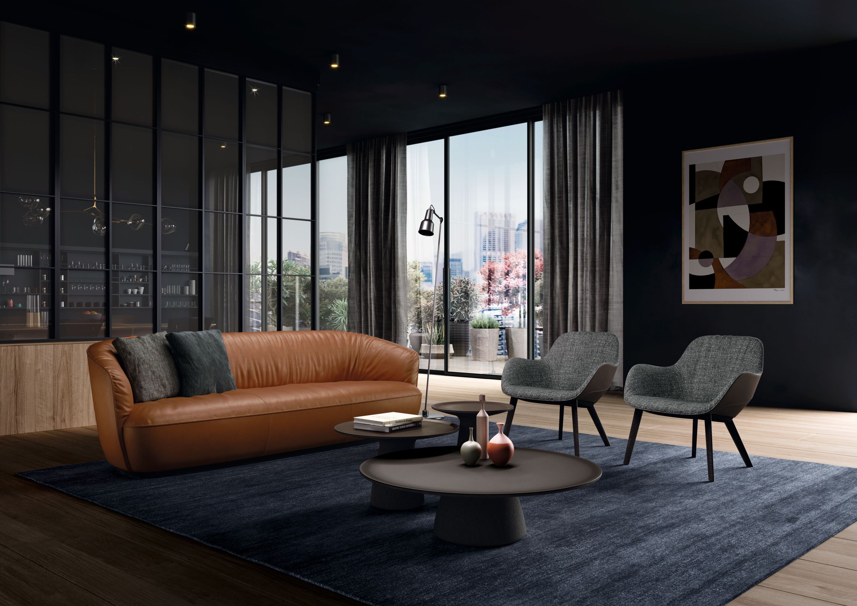 Wohnzimmer mit Ishino Sofa von Walter Knoll, Sesseln, Couchtischen und blauem Teppich.