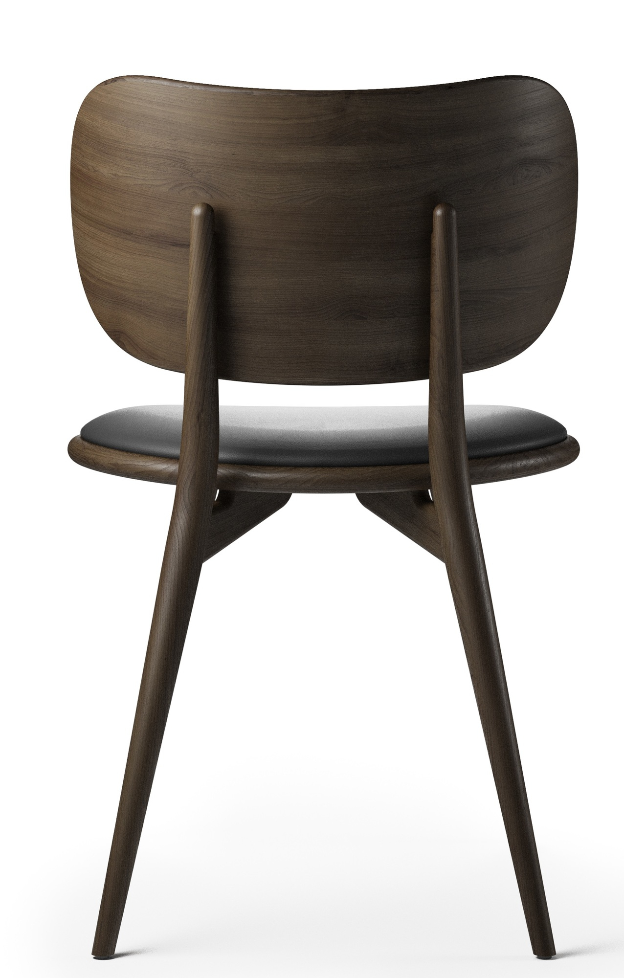 Rückansicht des The Dining Chair Stuhl Mater aus dunklem Holz mit schwarzem Sitzpolster.