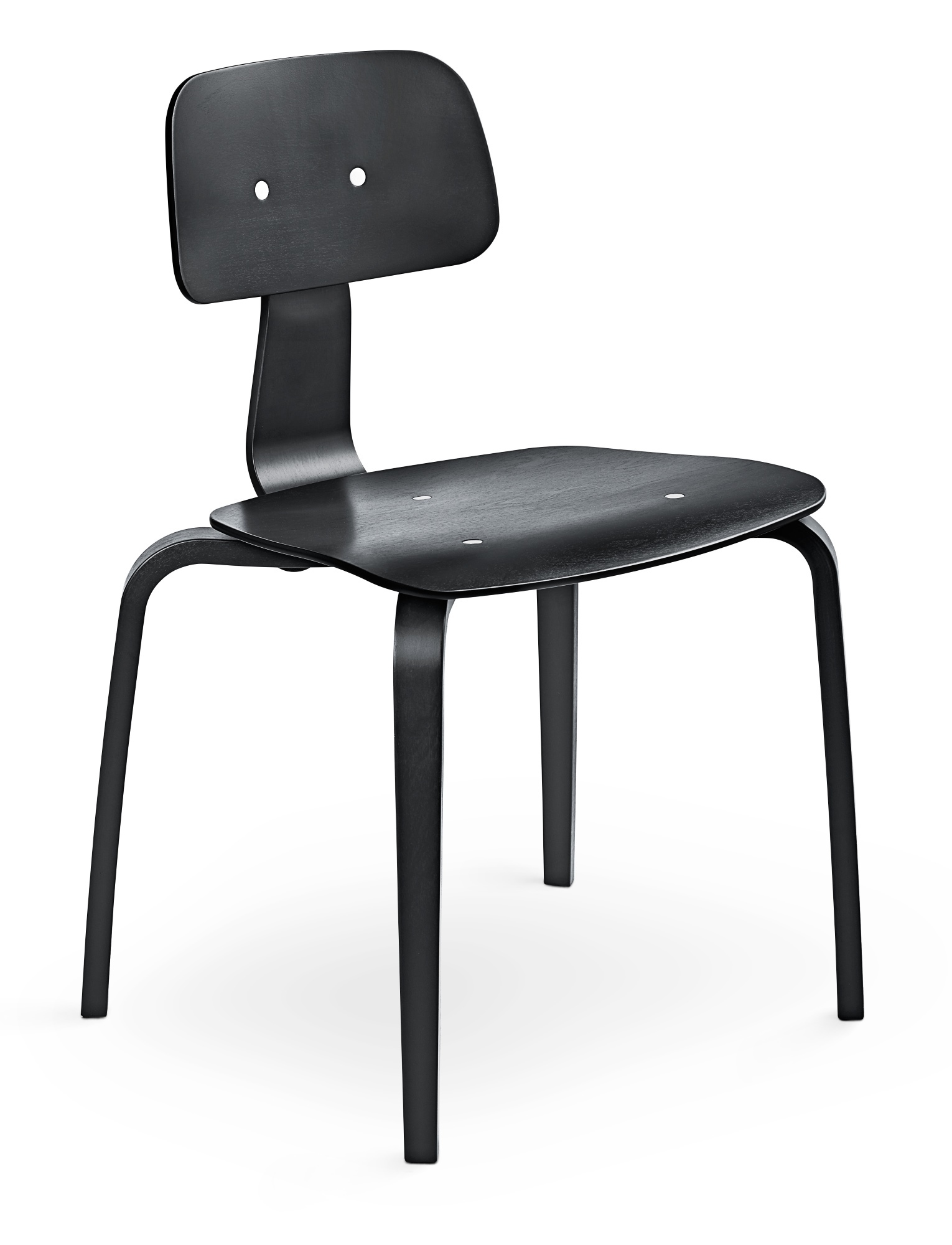 Schwarzer Kevi Stuhl mit Rückenlehne und vier Beinen, modernes Design für Büro und Wohnraum.