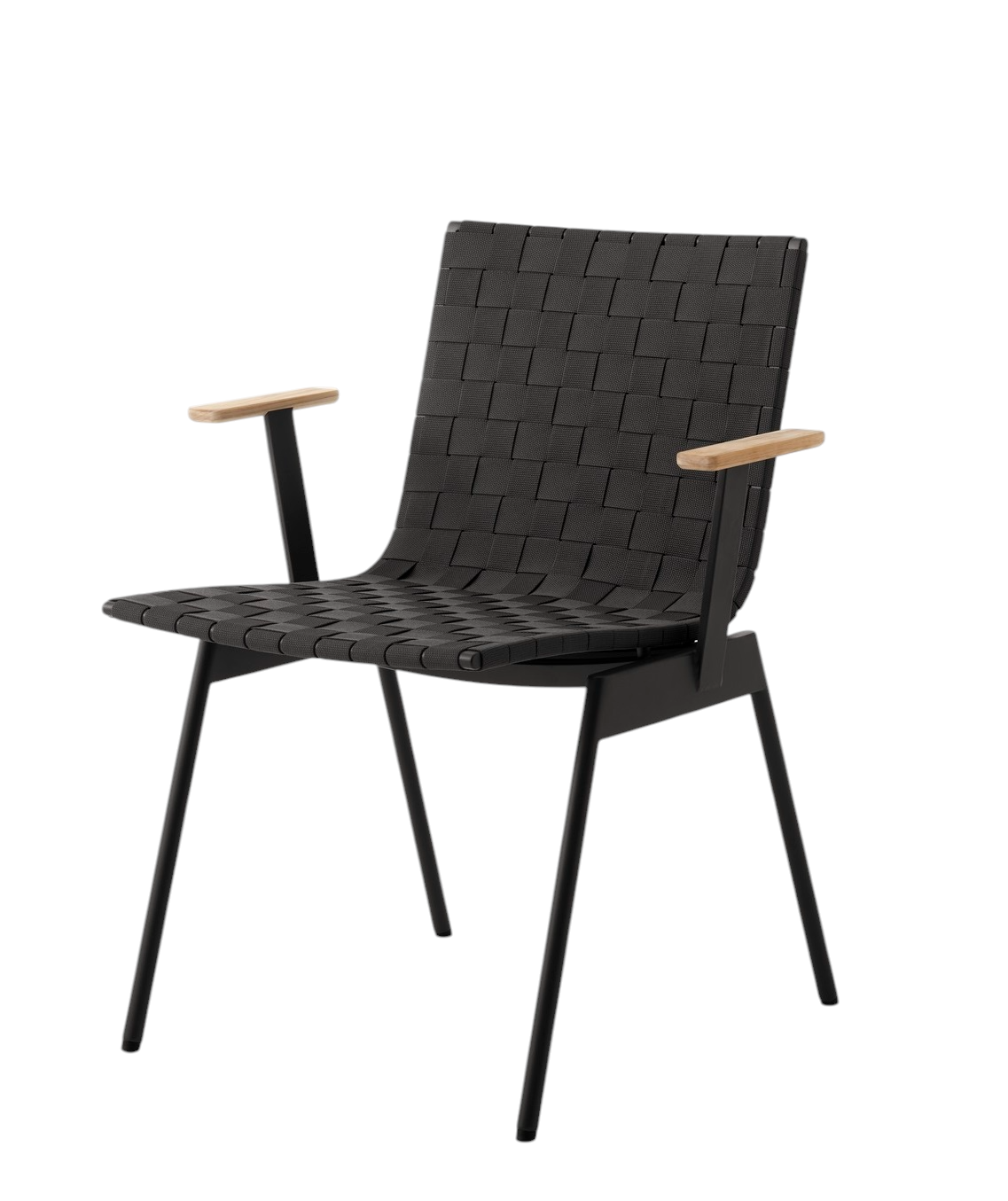 AndTradition Ville AV34 Outdoor Stuhl mit schwarzem Webmuster und hellen Holzarmlehnen auf schlanken Beinen.