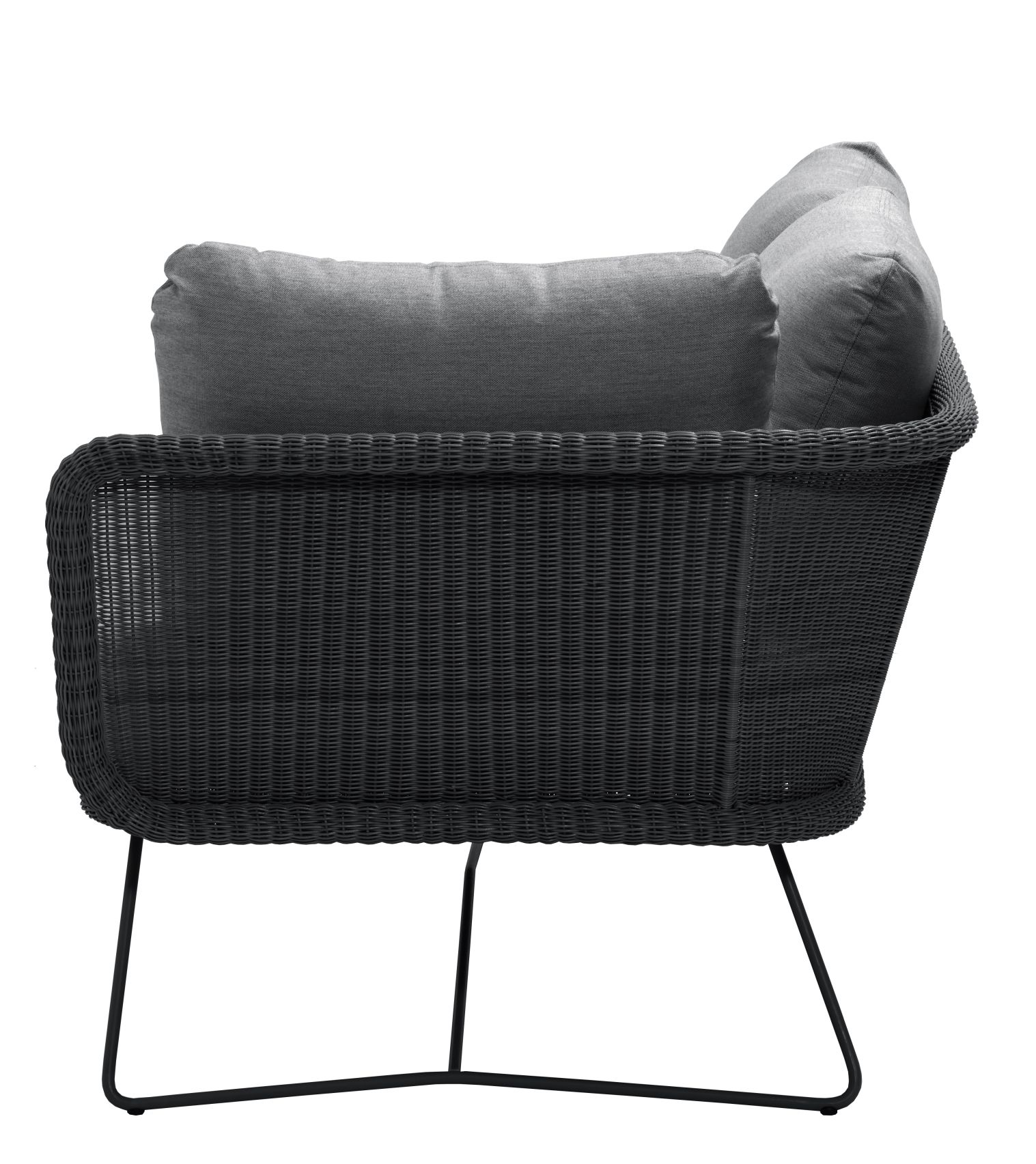 Horizon Outdoor Modulsofa, 2-Sitzer links, Cane-Line Gestell schwarz, graue Kissen, Gartenmöbel.