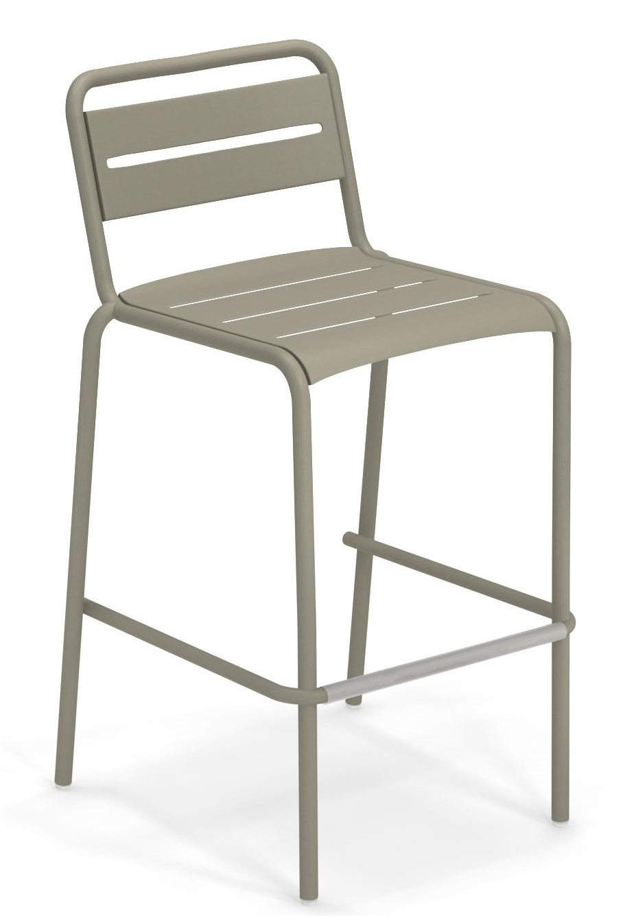 Star Barstool von Emu, ein grauer Outdoor-Barhocker aus Metall mit Rückenlehne und Fußstütze.
