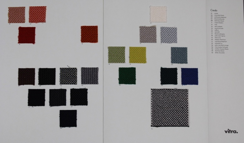 Stoffmusterkarte Credo von Vitra mit verschiedenen Farben und Texturen für Möbelstoffe.