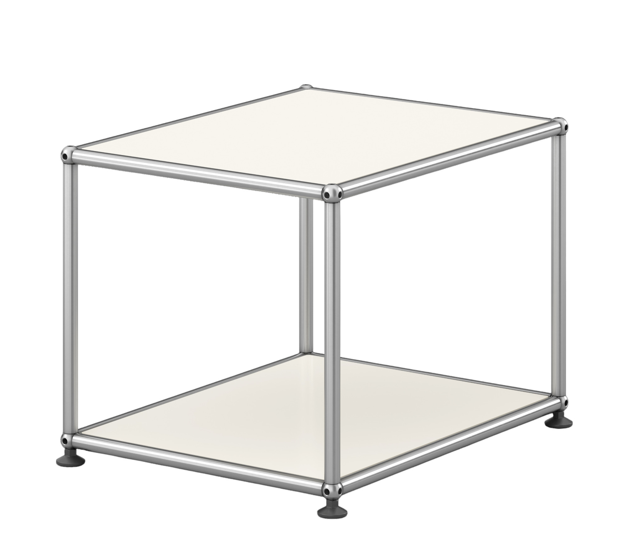 USM Haller Beistelltisch in Reinweiß, offenes Design mit Chromgestell, modernes Möbelstück für Wohn- und Arbeitsbereiche.